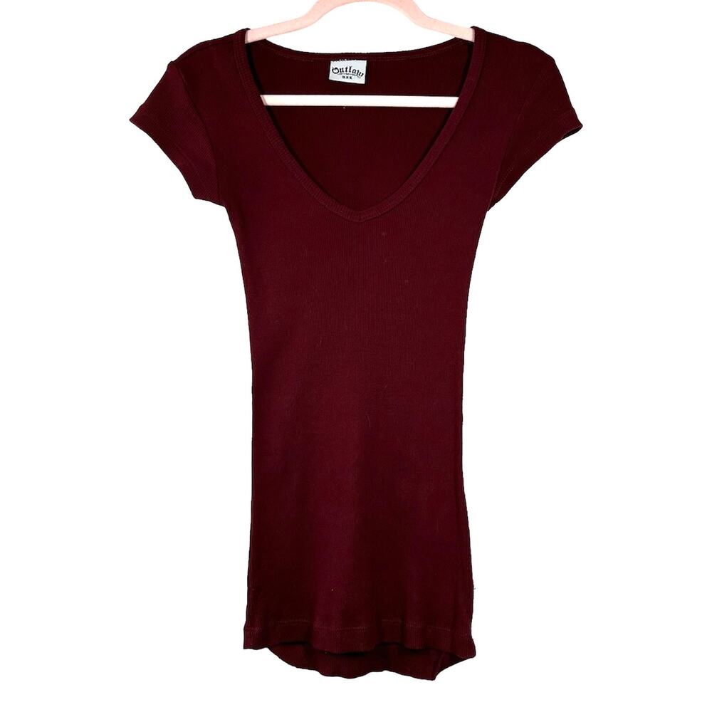 OUTLAW Dark Red Ribbed Basic T-shirt Small - Picture 2 of 6